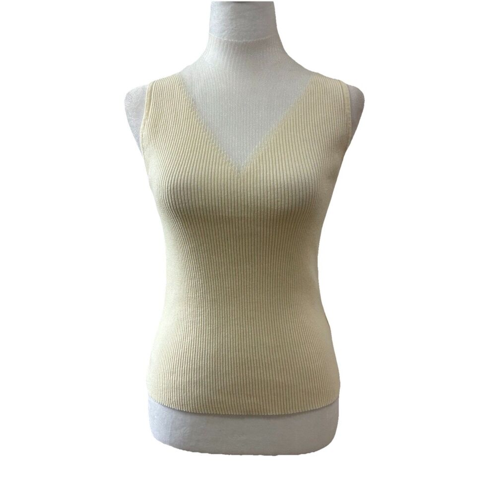 Goelia Women’s Sleeveless Sweater Top Cream Ribbed Mock Neck Sheer Insert Sz. M
